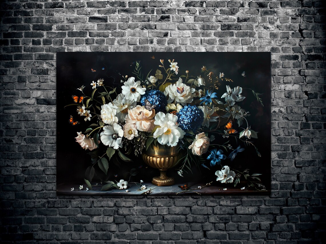 Moody Dark Floral Bouquet in Gold Vase with Butterflies Art Poster - Image 2