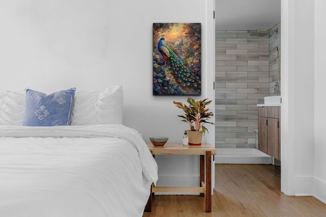 Peacock On Stone Garden Path Sunset Blooms Fantasy Painting Wall Art - Image 6