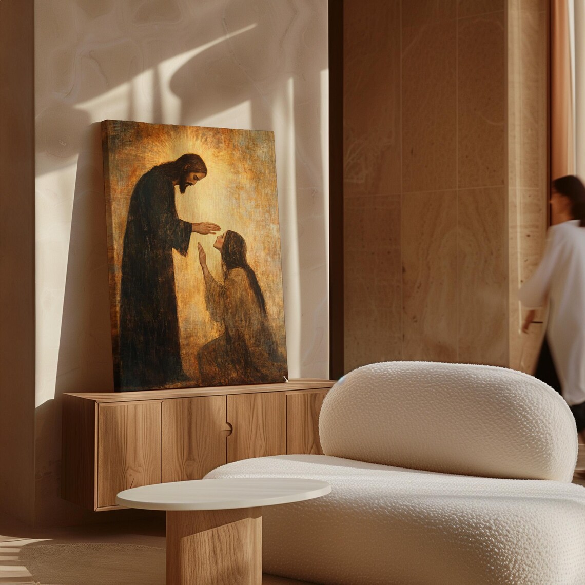 Jesus Laying Hands in Blessing Over a Kneeling Woman in Golden Tones Poster - Image 7