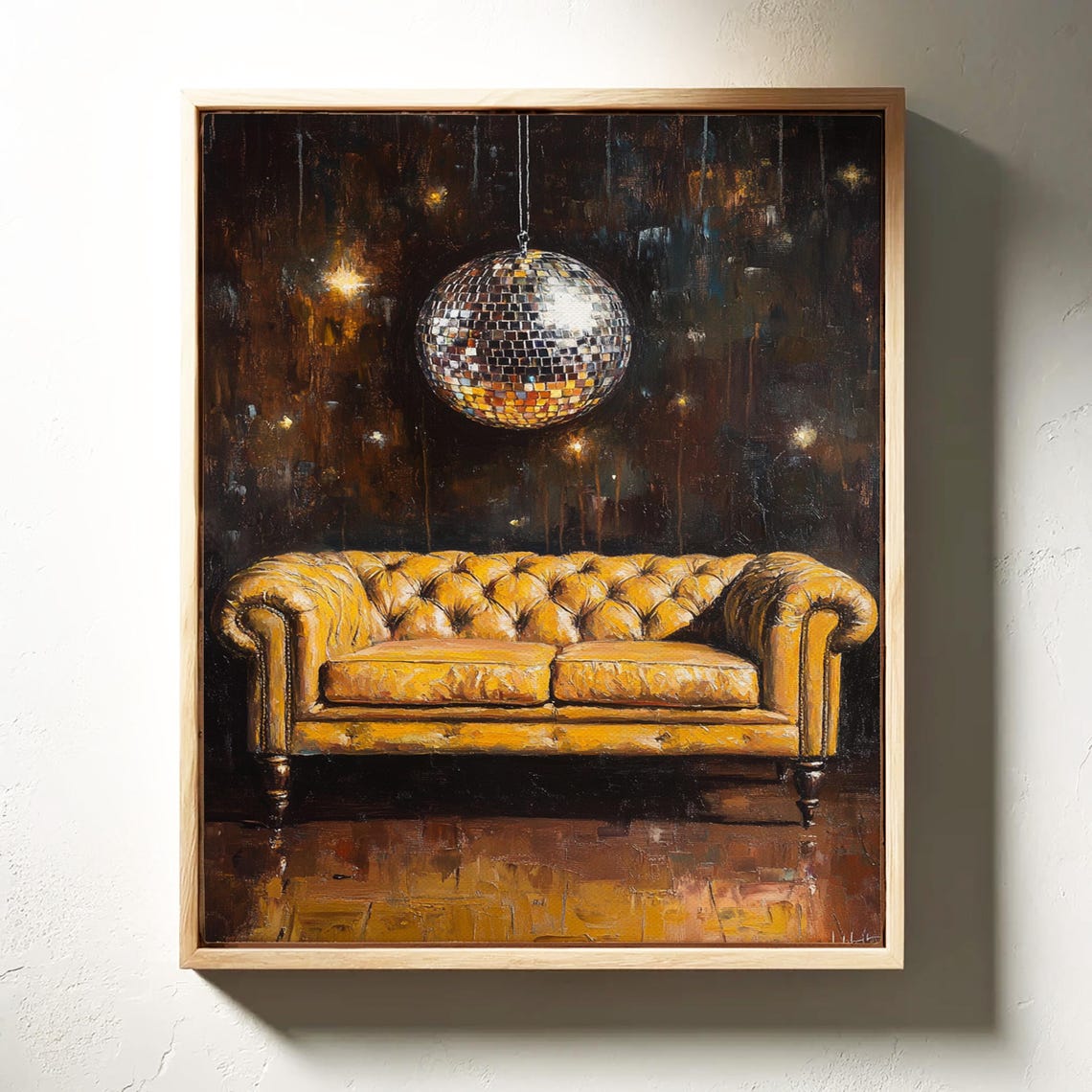 Yellow Chesterfield Sofa Disco Ball Dark Sparkle Retro Poster - Image 6