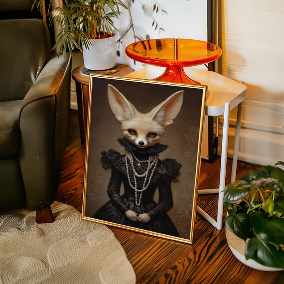 Fennec Fox In Black Lace Dress With Pearls Gothic Portrait Wall Art