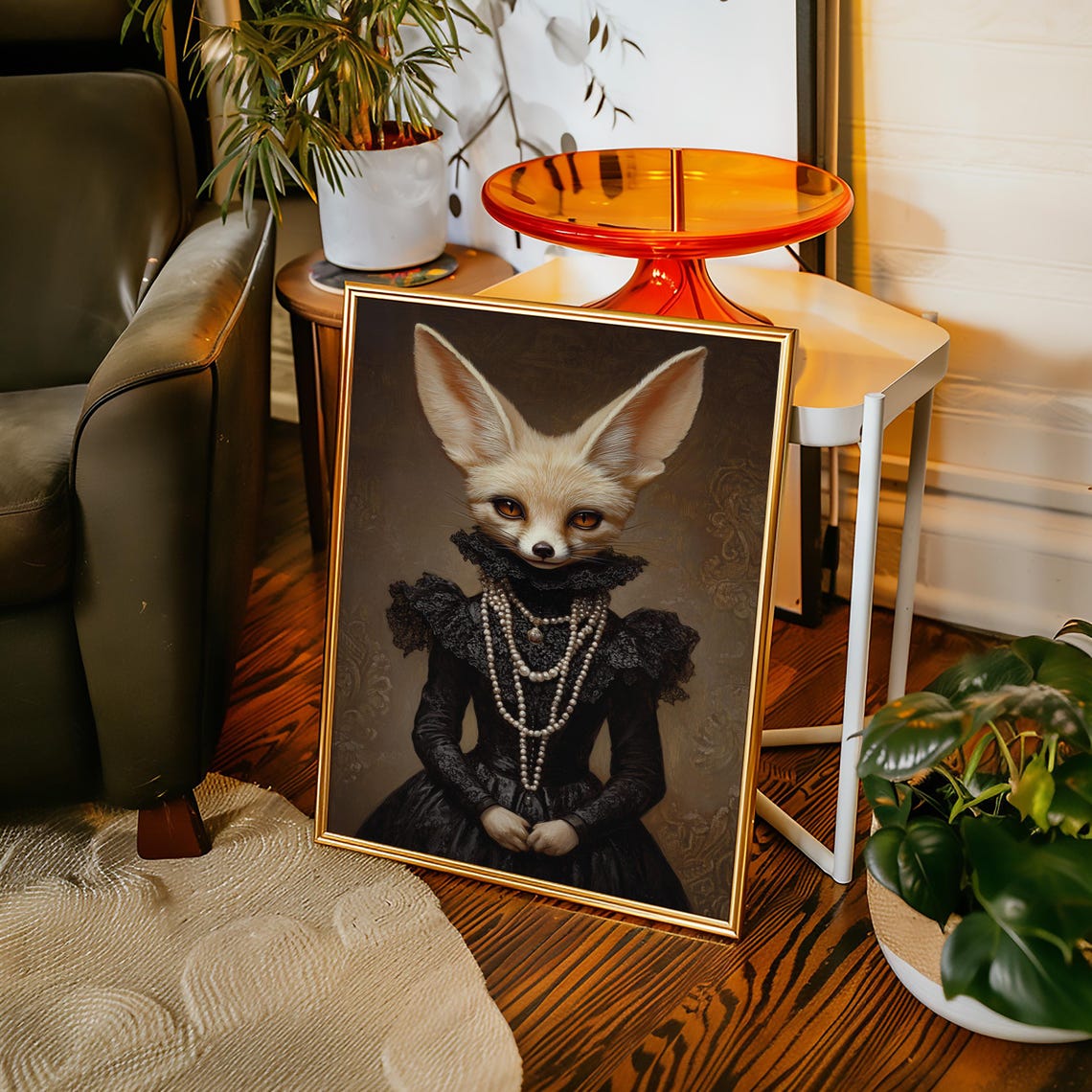 Fennec Fox In Black Lace Dress With Pearls Gothic Portrait Wall Art