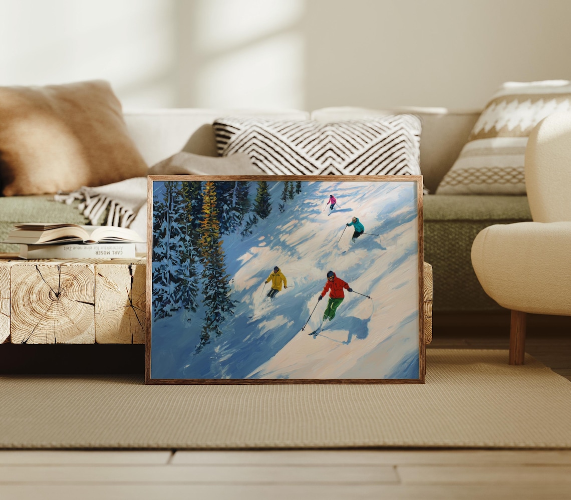 Colorful Skiers Gliding Down Snowy Mountain Slope Winter Poster
