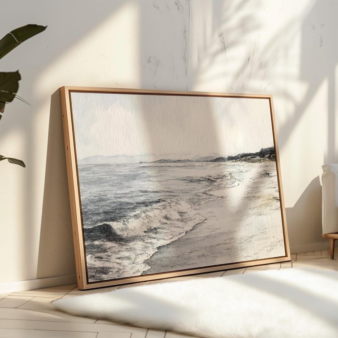 Tranquil Seaside Waves Vintage Ink Drawing Coastal Art Poster