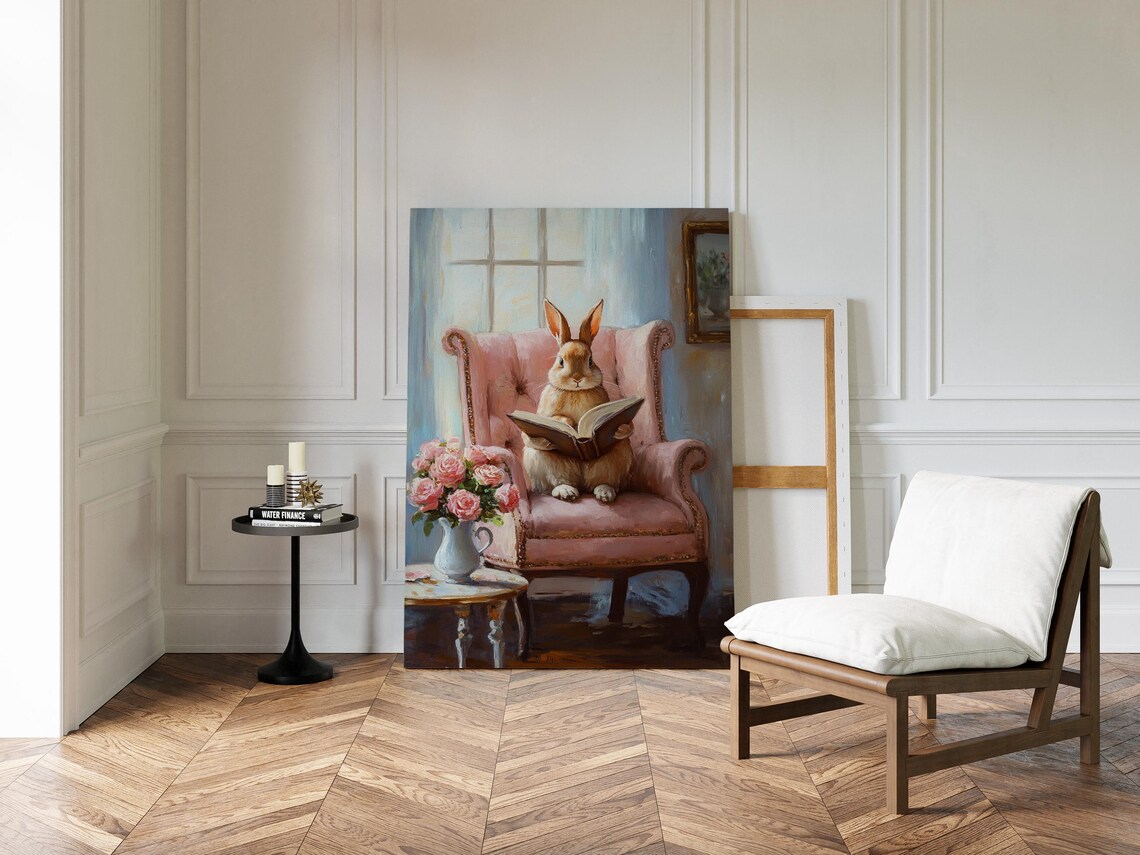 Bunny Reading Book in Pink Armchair With Roses Whimsical Painting Wall Art - Image 4