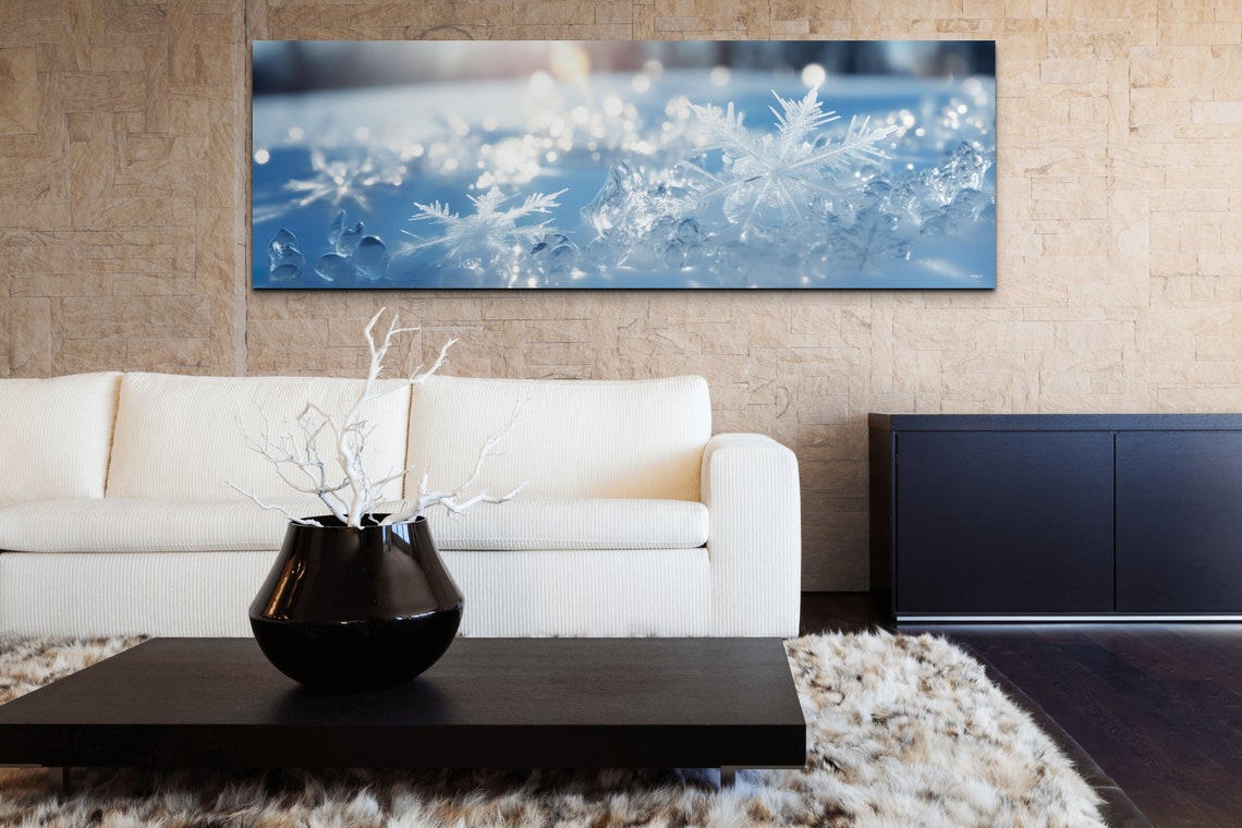 Macro Snowflake On Ice Crystals Blue Winter Panoramic Art Poster - Image 4