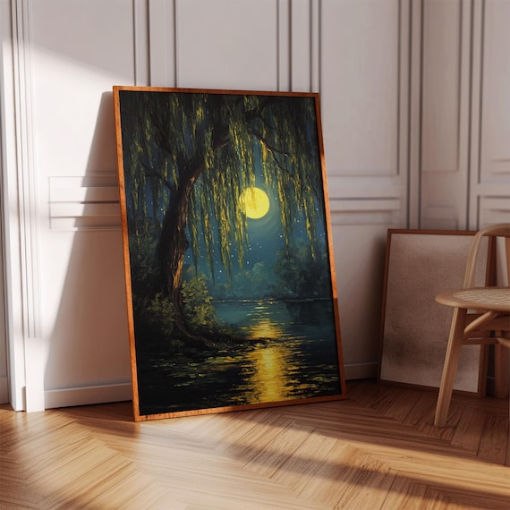 Moonlit Willow Tree Canvas Wall Art Serene Night Landscape Painting With Full Moon Reflection Tranquil Nature Home Dcor