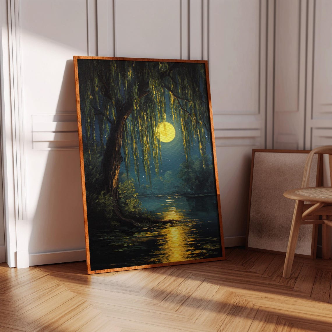 Moonlit Willow Tree Canvas Wall Art Serene Night Landscape Painting With Full Moon Reflection Tranquil Nature Home Dcor
