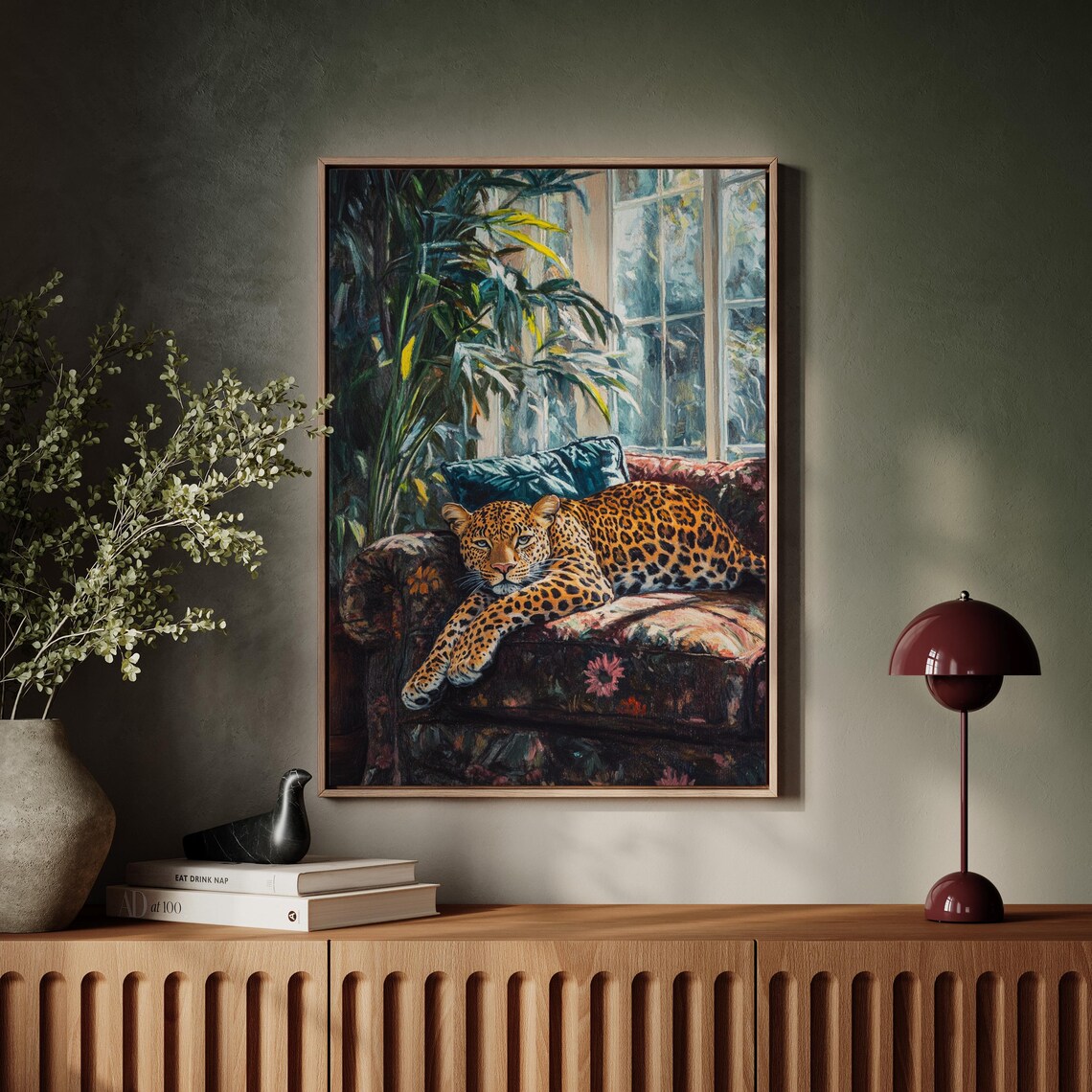 Elegant Leopard On Floral Couch, Boho Jungle Decor - Image 7