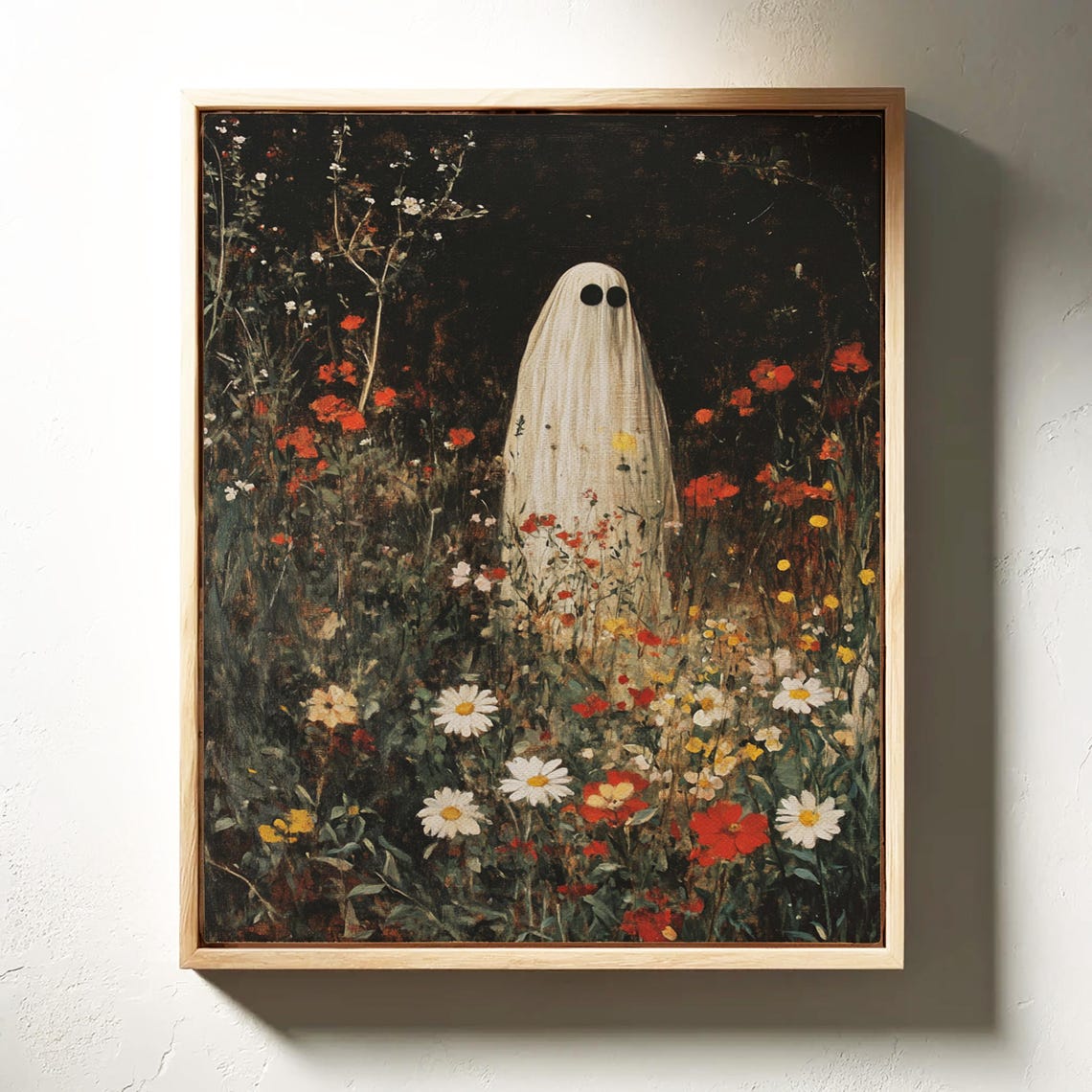 Cute Sheet Ghost Standing in a Dark Wildflower Meadow at Night Poster - Image 6