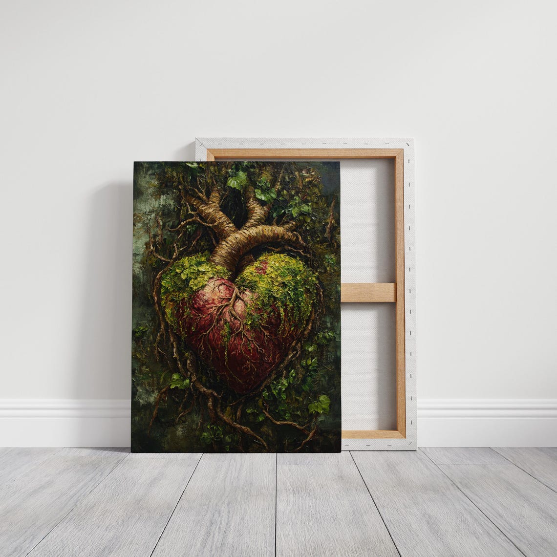 Moss-Covered Anatomical Heart with Twisted Tree Branches Dark Poster - Image 3