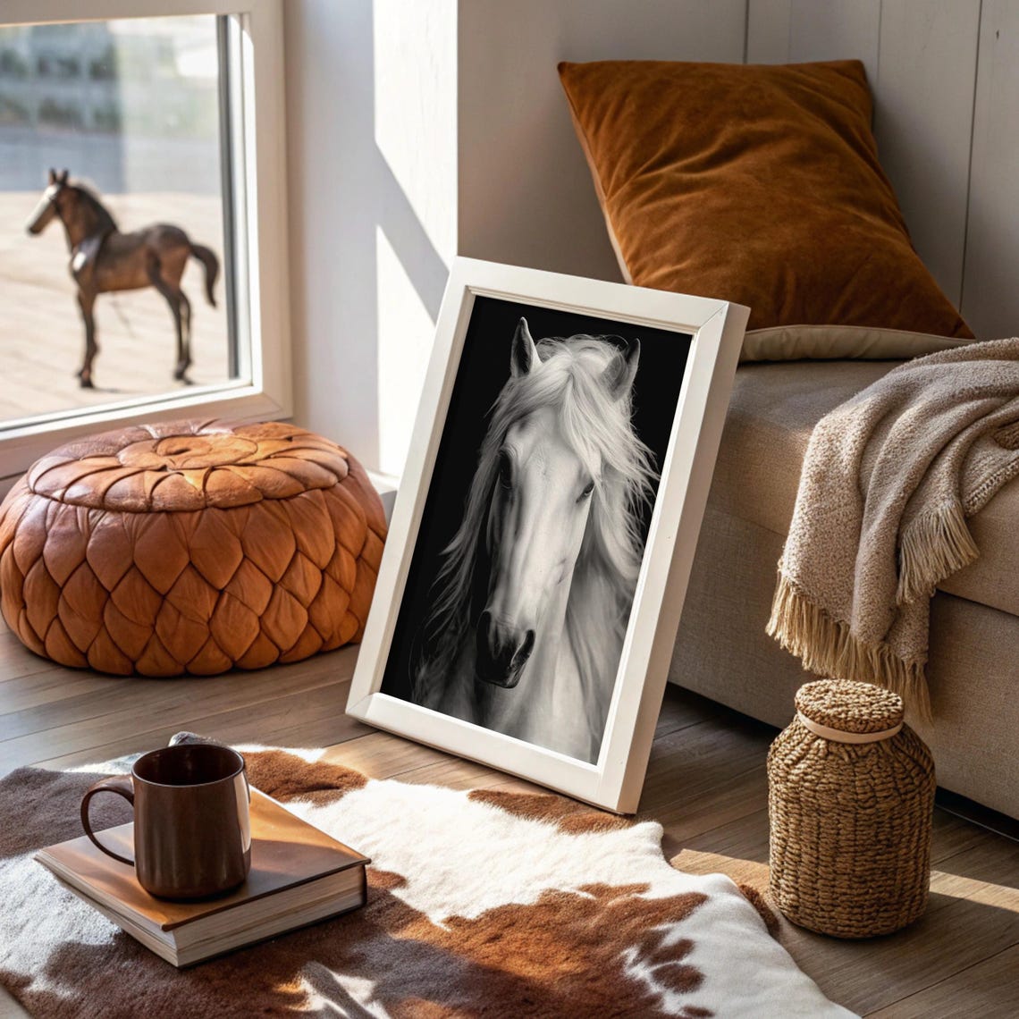 White Horse Portrait Against Black Background Dramatic Photo Poster