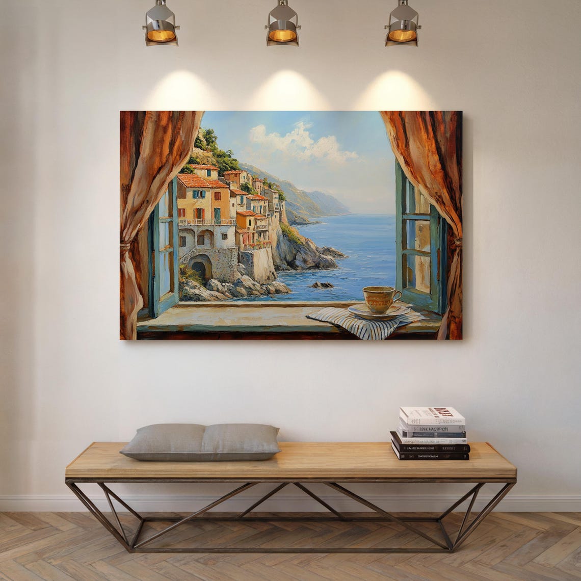 Italian Seaside Village Cliff View Through Open Window Poster - Image 4