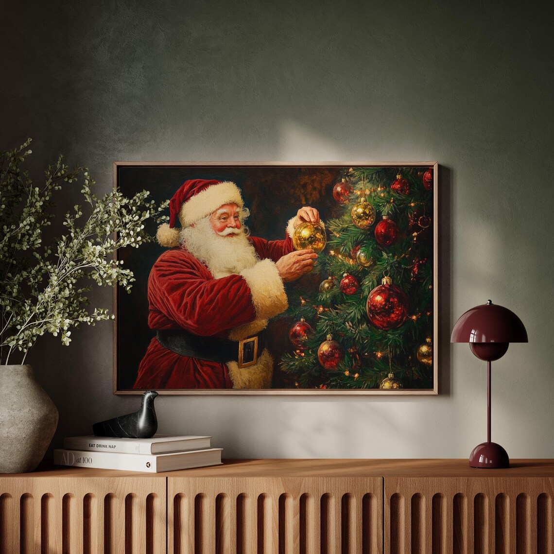 Santa Claus Hanging Gold Ornament on Christmas Tree Vintage Poster - Image 6