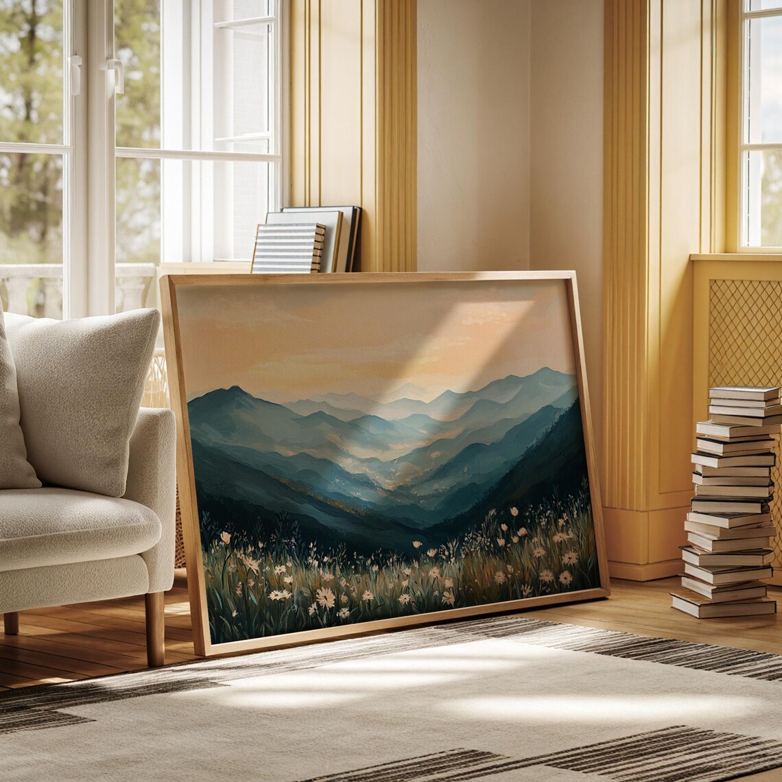 Blue Mountain Valley at Golden Sunrise Wildflower Meadow Poster