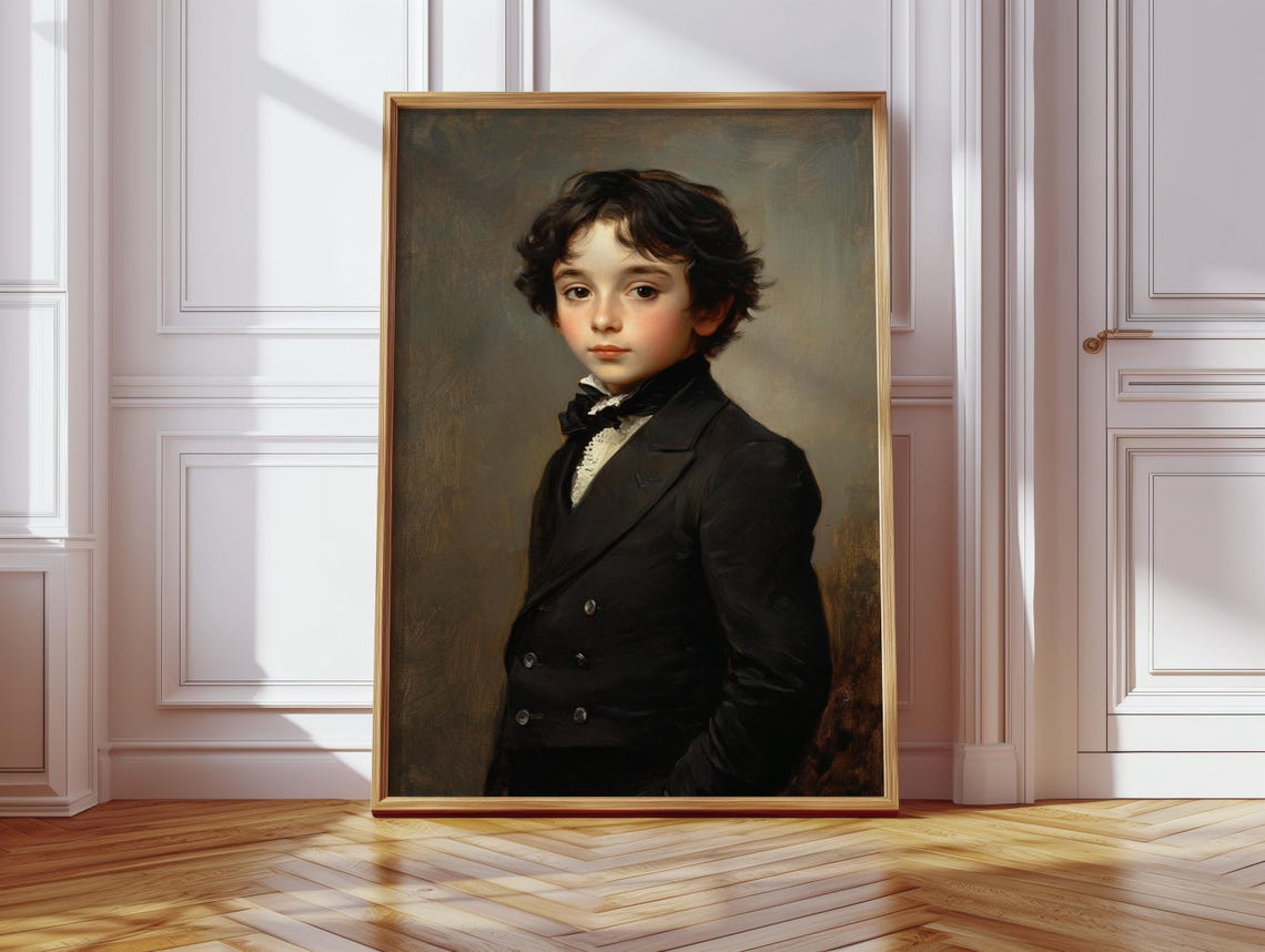 Victorian Boy In Black Coat With Lace Collar Classic Portrait Wall Art