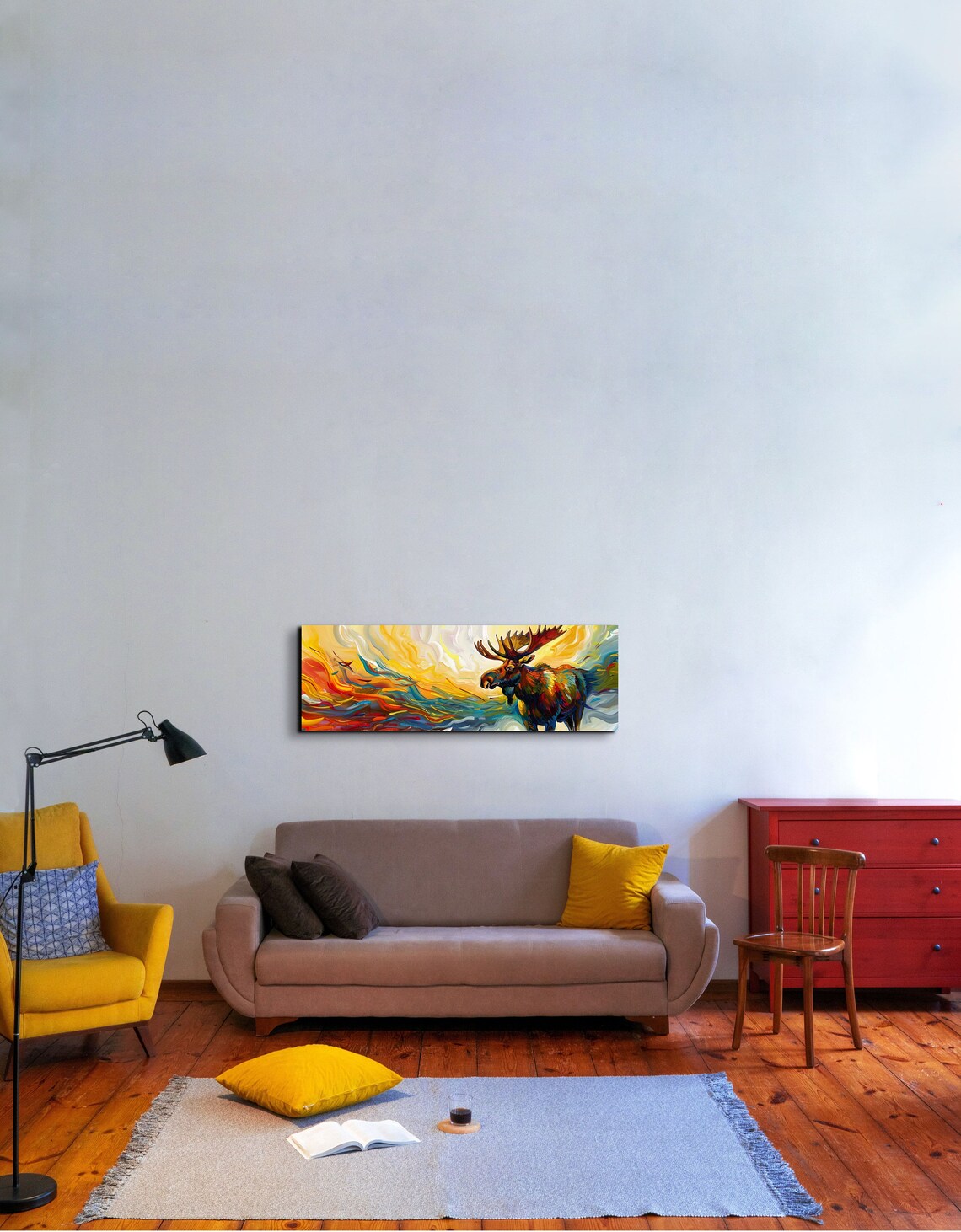 Golden Abstract Moose Standing Amid Flowing Fire And Ocean Swirls Poster - Image 3