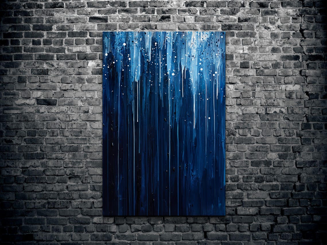 Deep Blue Rainy Night Abstract Drip Painting Serene Art Poster - Image 2