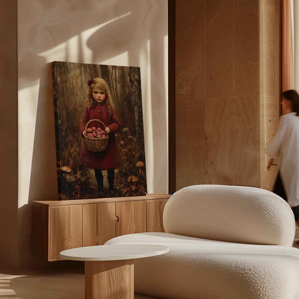 Little Girl in Red Coat With Basket of Mushrooms, Vintage - Image 7