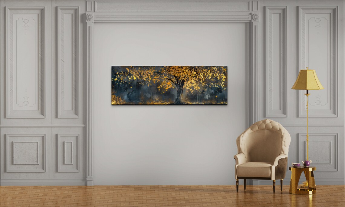 Majestic Black And Gold Tree Panoramic Art Print - Image 3