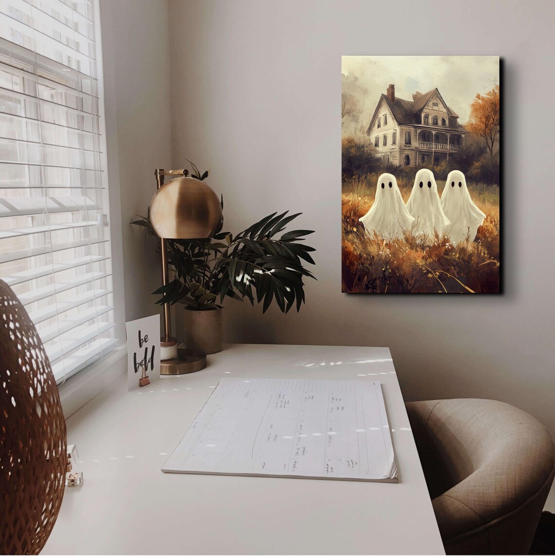 Three Cute Ghost Friends Old House Autumn Field Halloween Poster - Image 3