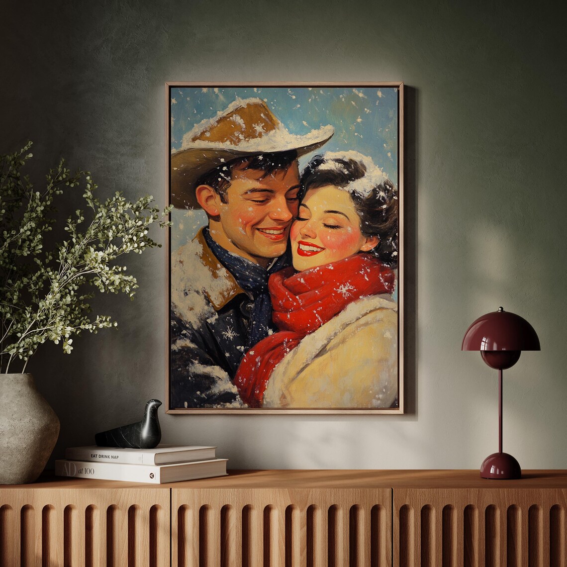 Cowboy Couple Embracing in Snow Vintage Western Romance Poster