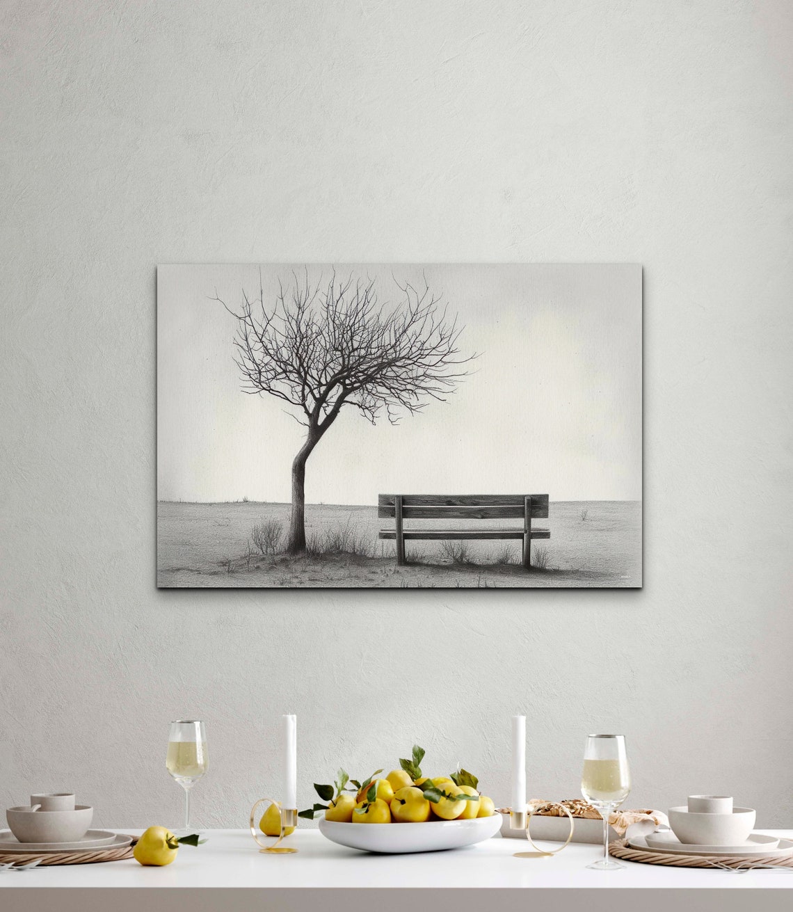 Lone Bare Tree Empty Bench Charcoal Minimal Park Sketch Poster - Image 2