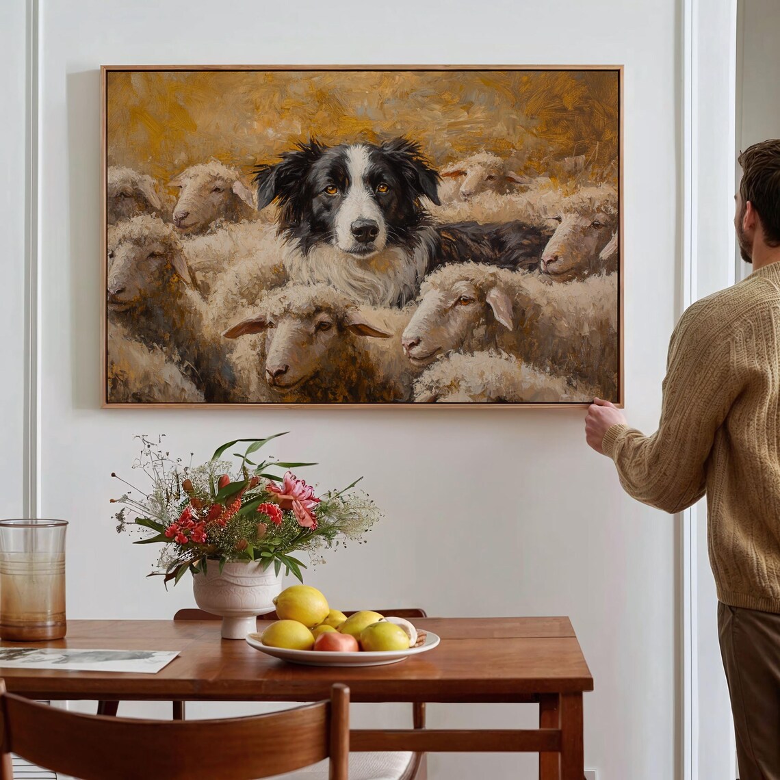 Border Collie Herding Sheep Golden Farm Animal Oil Painting Poster - Image 3