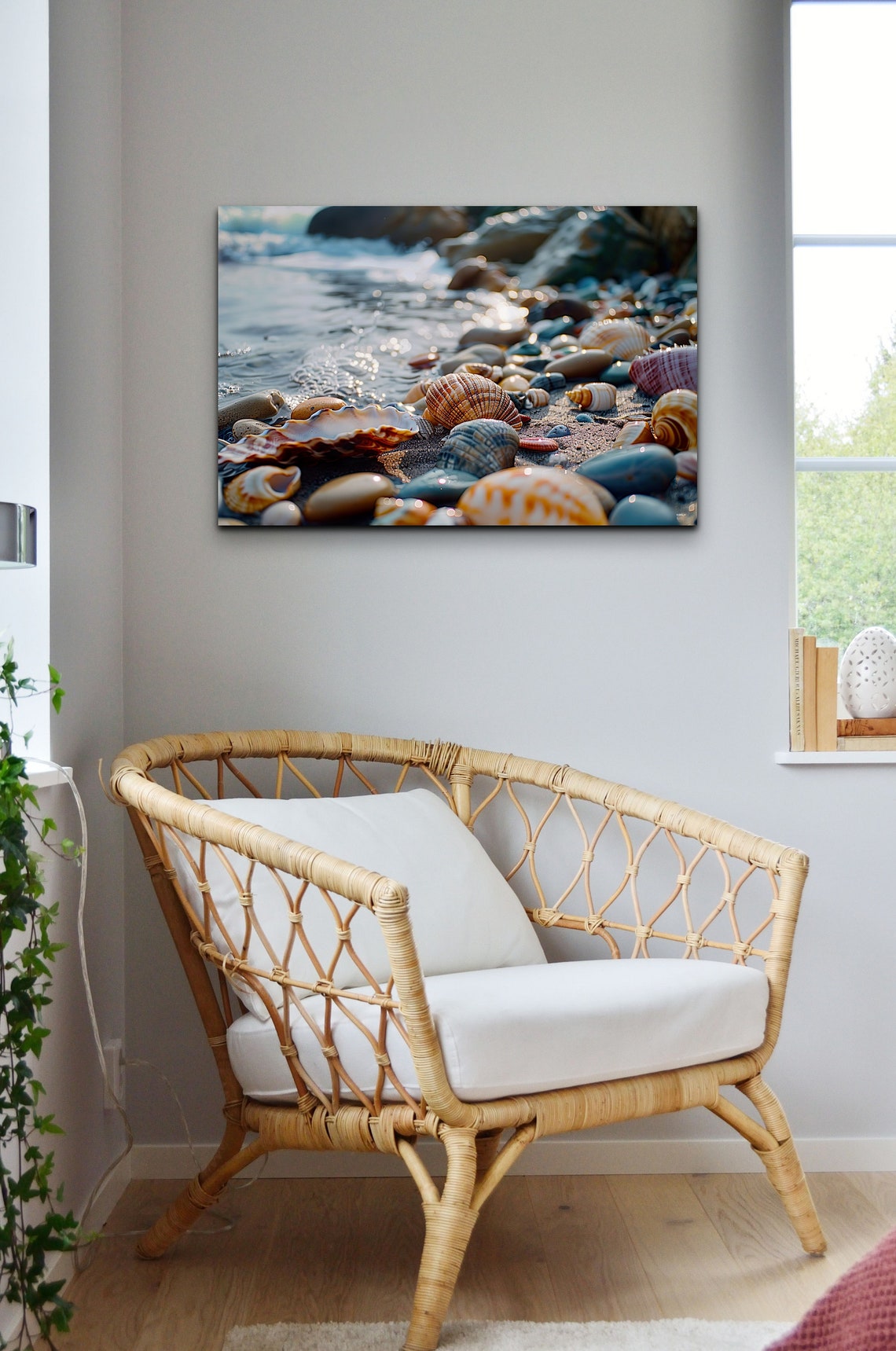 Seashells and Pebbles on Beach Shore with Waves Closeup Wall Art - Image 3