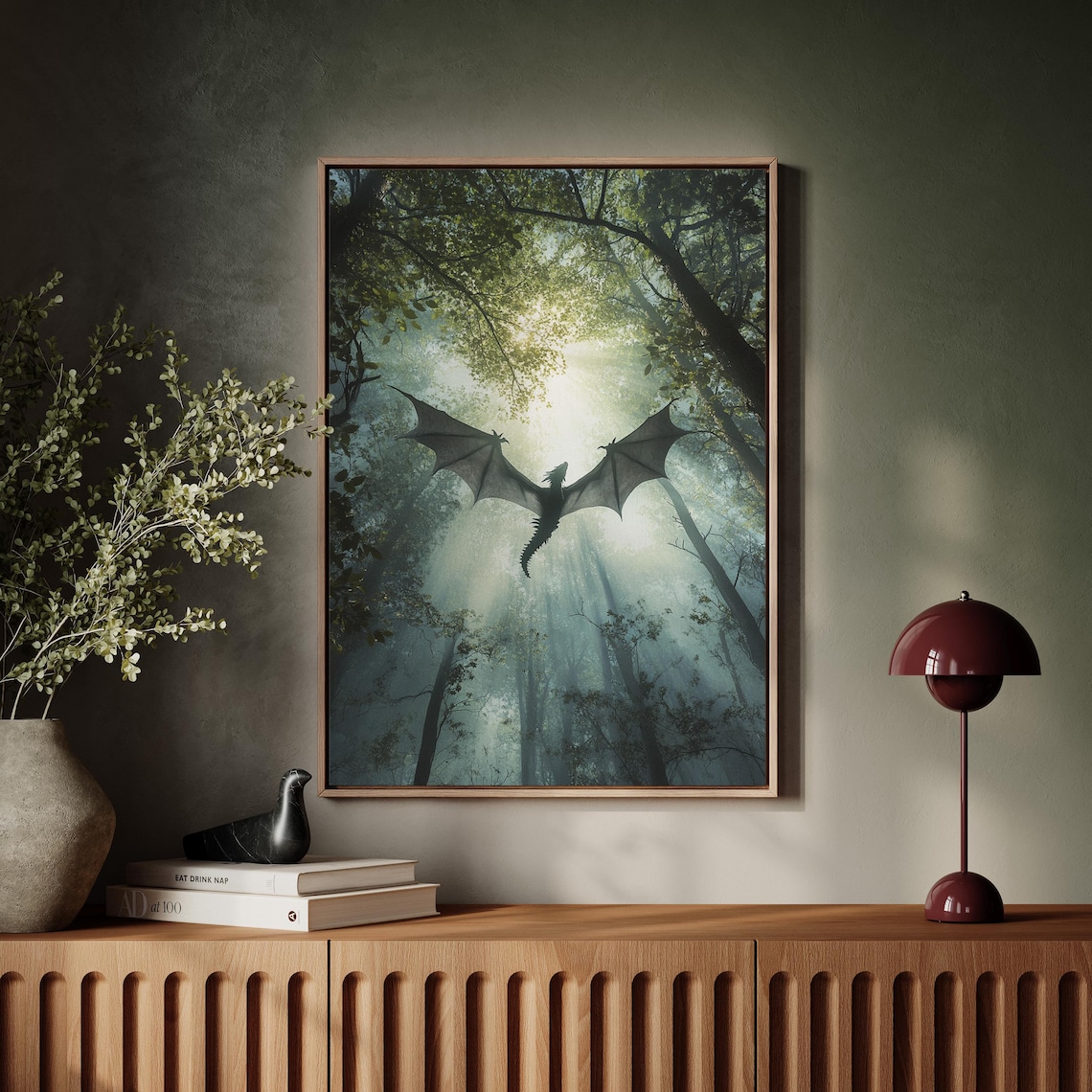 Dragon in Enchanted Sunlit Forest Fantasy Art Print - Image 4