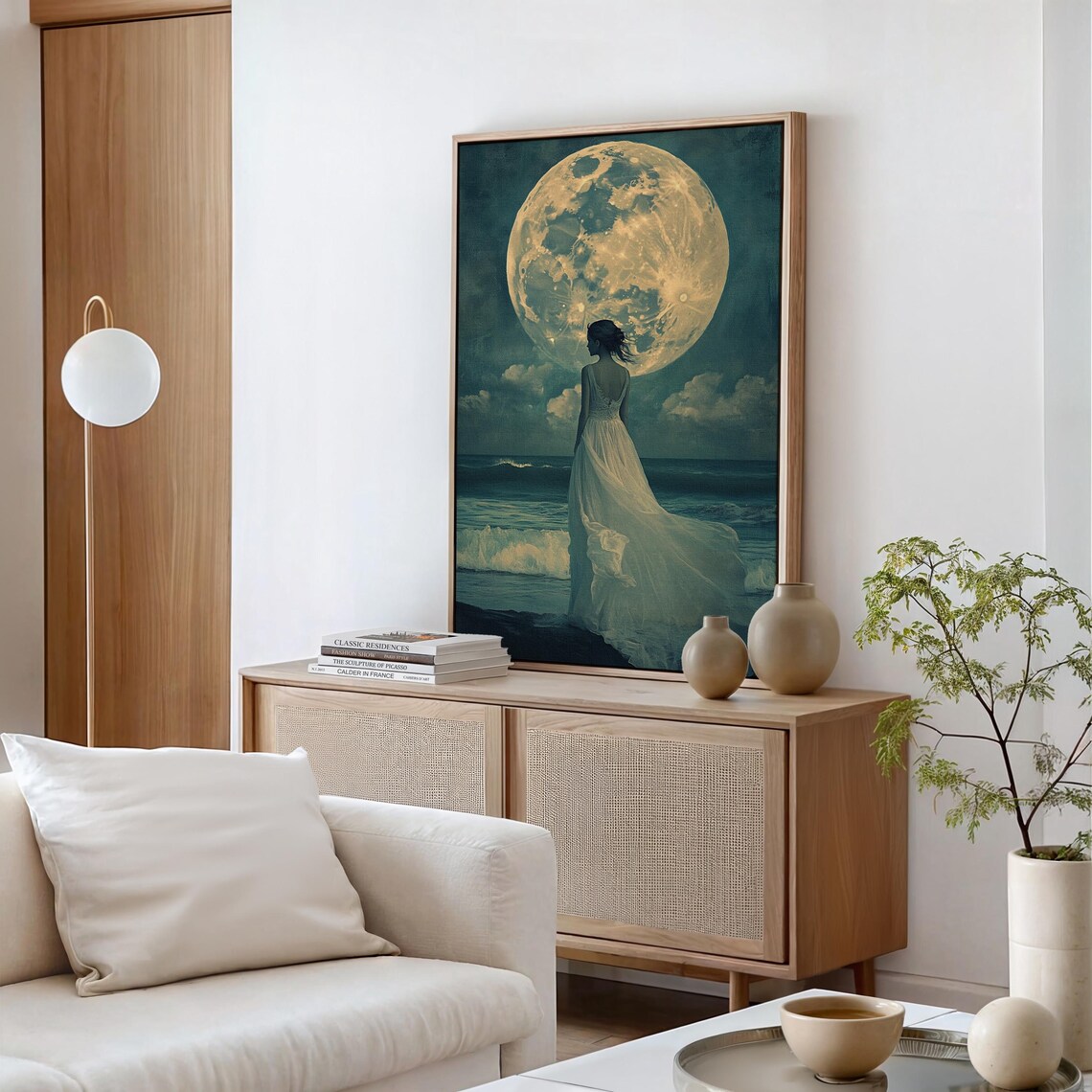 Moonlit Ocean Woman in White Dress Art Print - Image 5