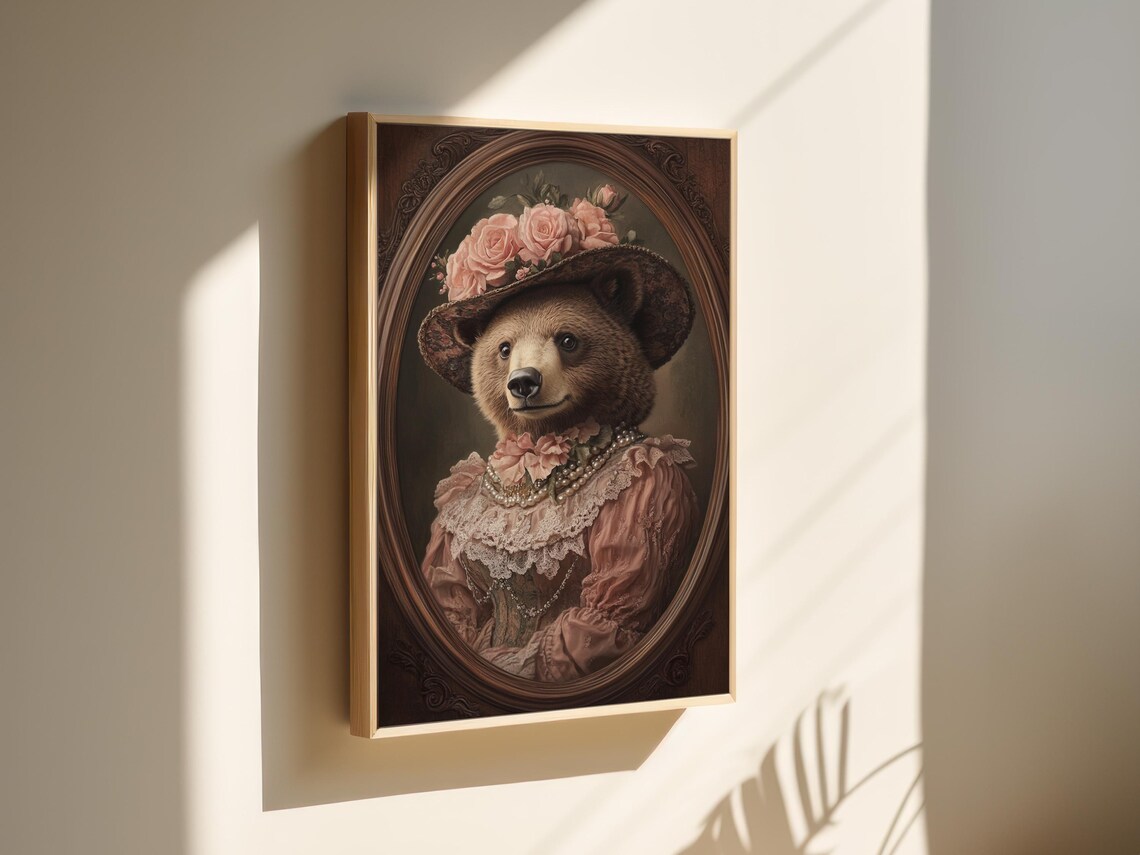 Victorian Bear Lady Portrait Floral Hat Pearls Pink Dress Whimsical Animal Poster - Image 4