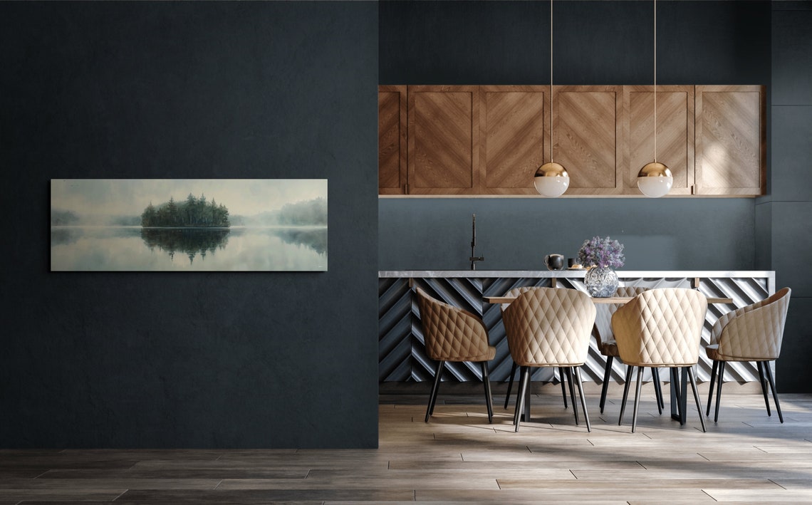 Dark Moody Foggy Lake With Forest Island Panoramic Art Poster - Image 7