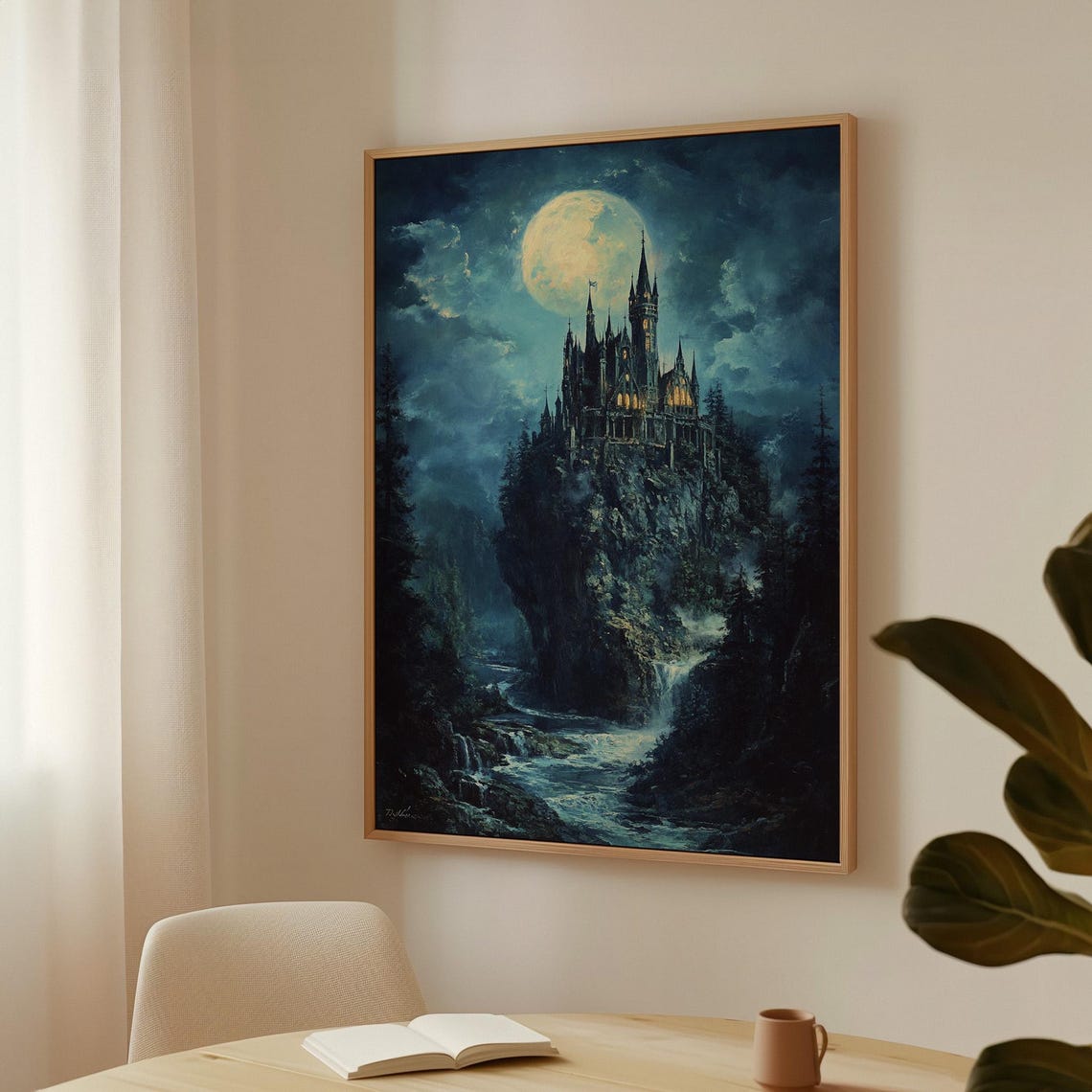 Gothic Castle On Cliff Art Full Moon Night Landscape Enchanted Waterfall Scene Fantasy Wall Decor For Home Or Office - Image 2