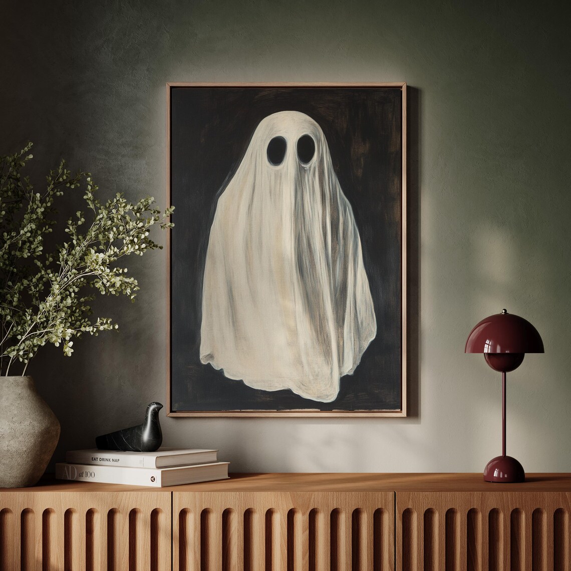 Vintage Ghost in Draped White Sheet Haunting Oil Painting Halloween Poster - Image 5