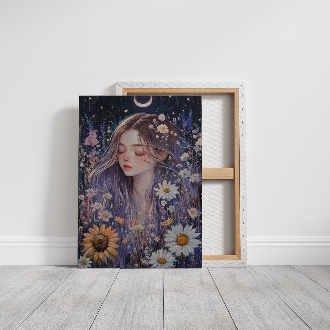 Dreamy Floral Portrait Woman Under Moonlit Sky - Image 3