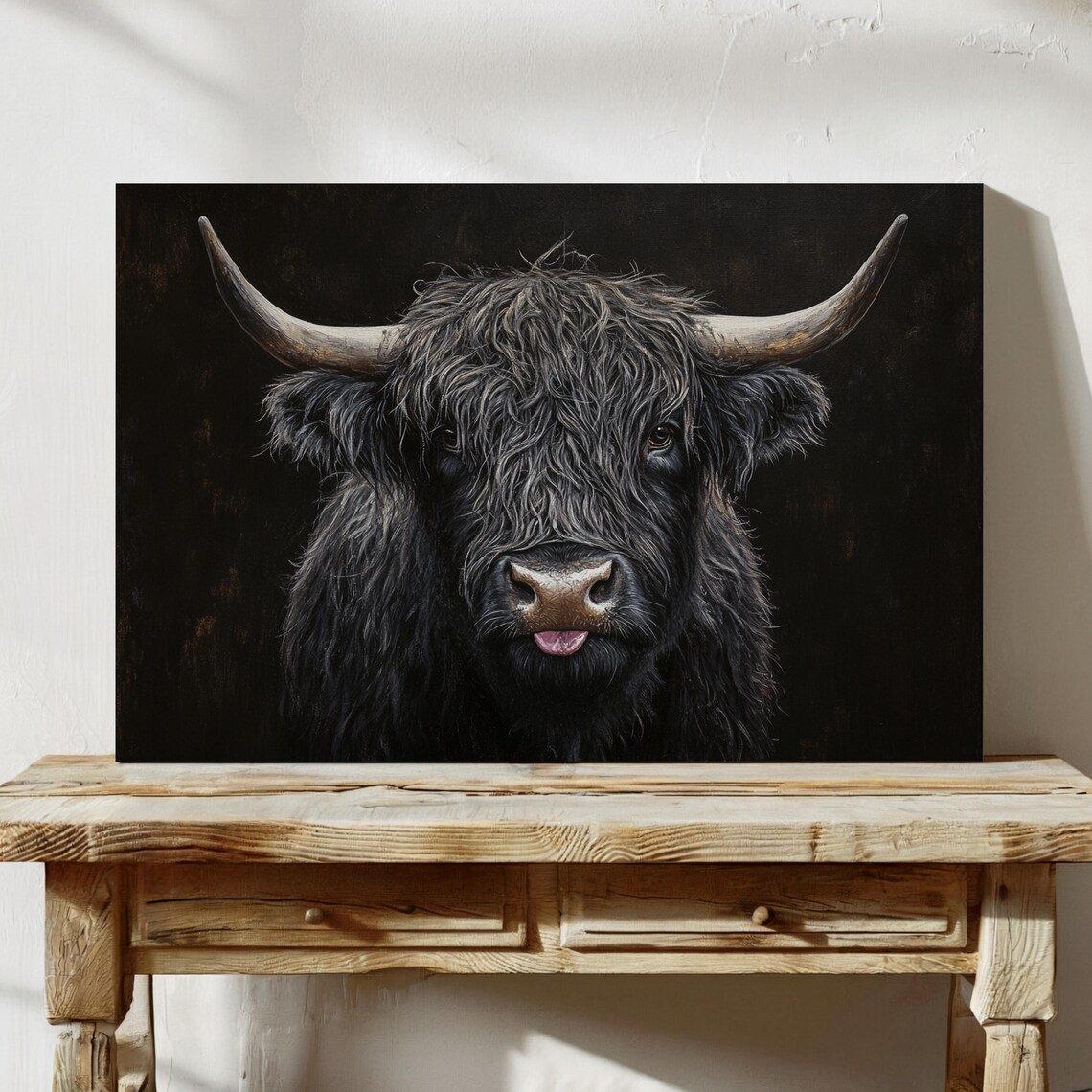 Black Highland Cow Tongue Out Funny Farmhouse Portrait Poster