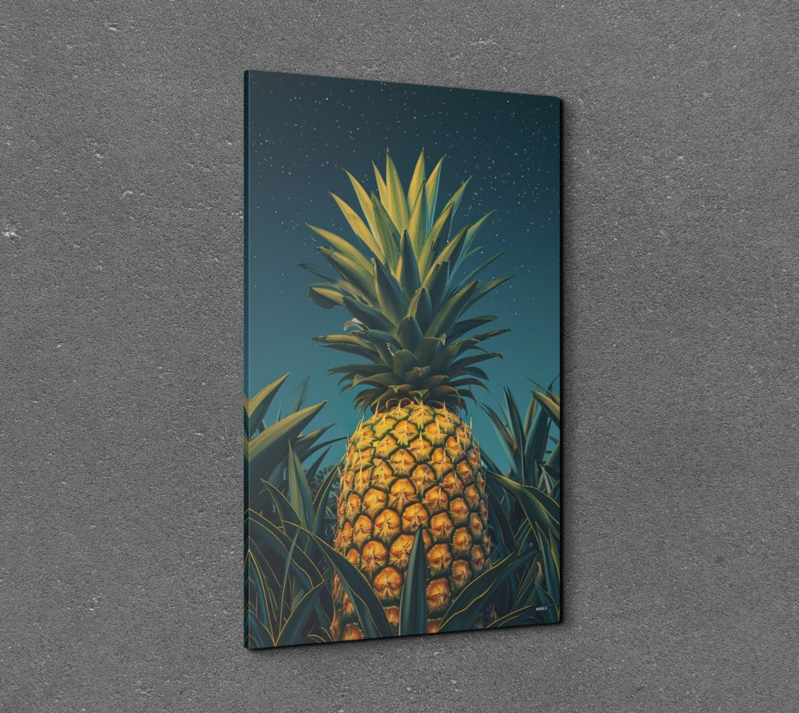 Golden Pineapple Close Up Against Teal Night Sky Tropical Wall Art - Image 7