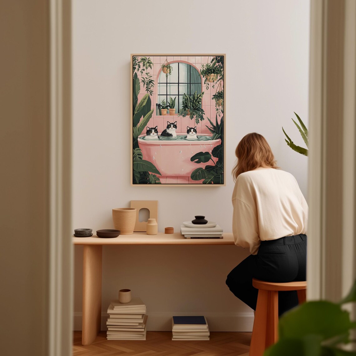 Whimsical Cat Trio In Pink Bathtub Art Print - Image 4