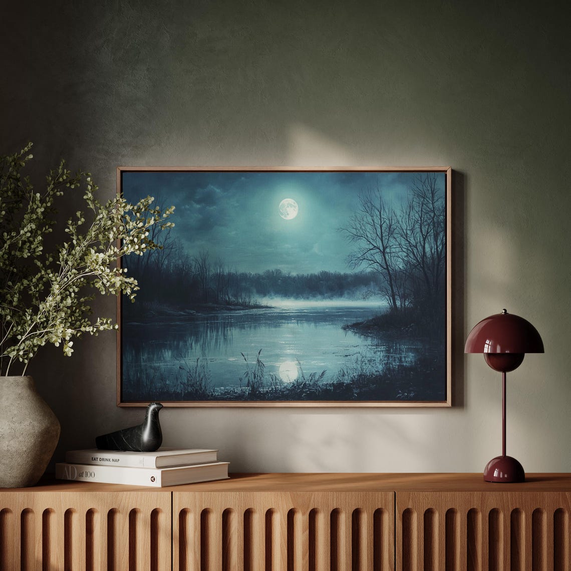 Moonlit Misty Lake with Full Moon and Forest Reflection Night Poster - Image 5