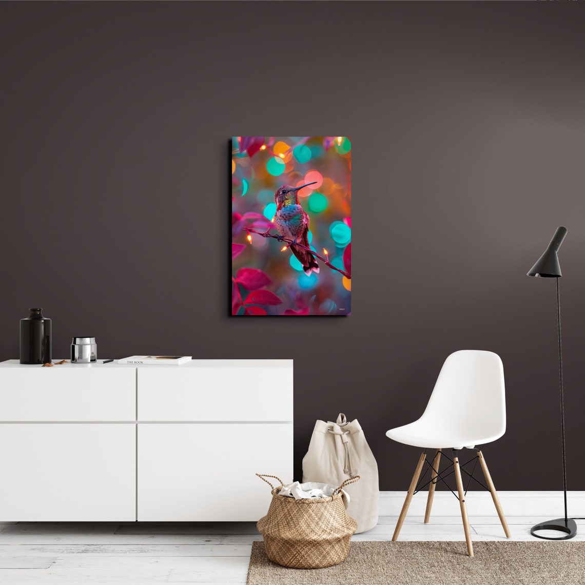 Colorful Hummingbird Perched on Glowing String Lights Poster - Image 5