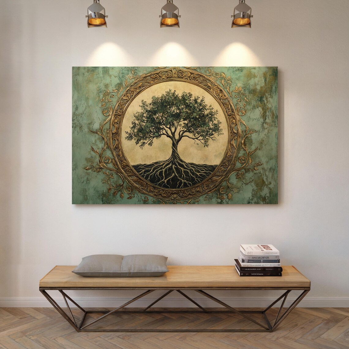 Tree Of Life In Ornate Golden Frame On Teal Textured Art Poster - Image 7