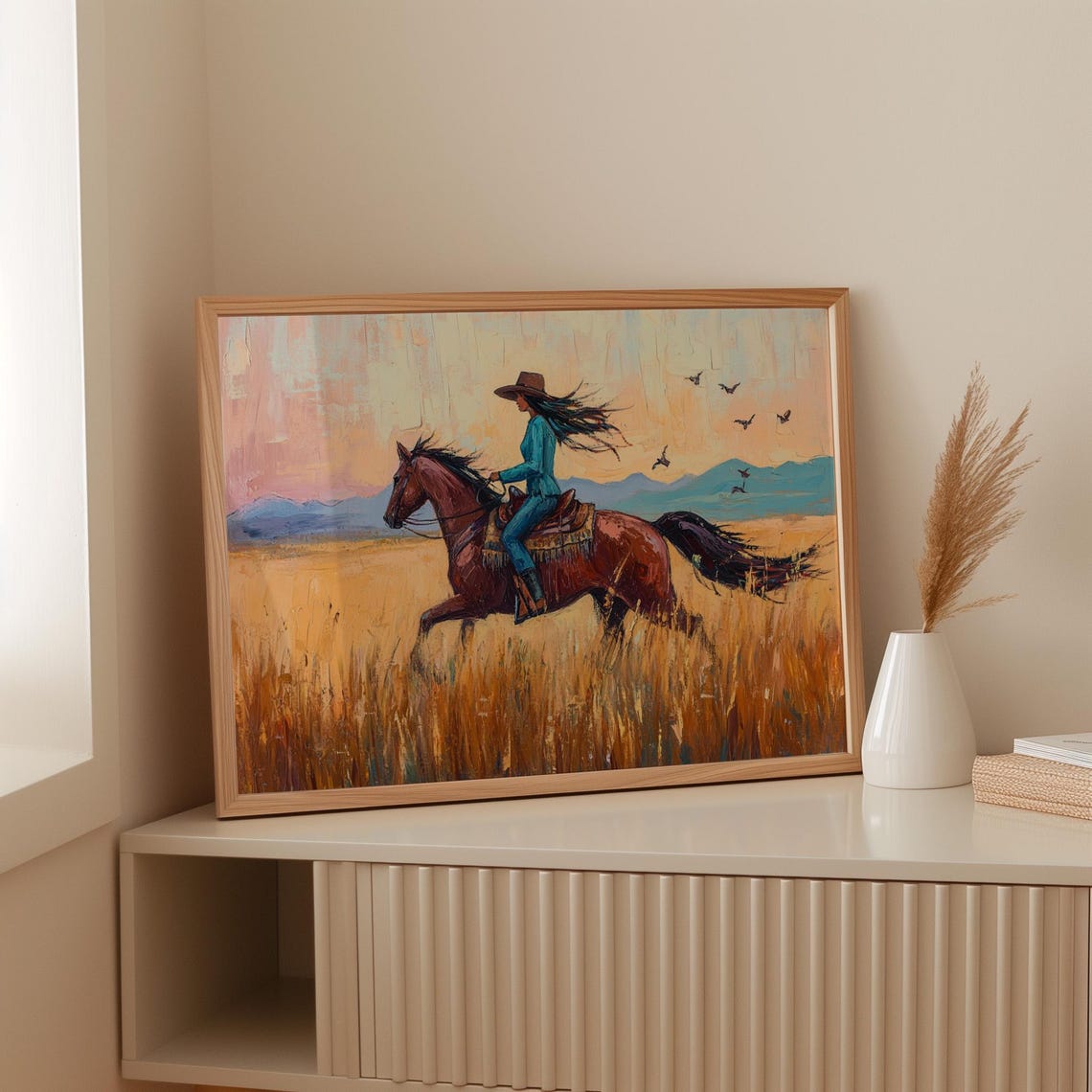 Cowgirl in Turquoise Galloping Horse Pastel Sunset Field Poster