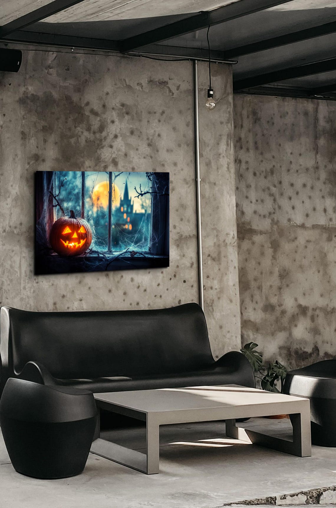 Glowing Jack O Lantern on Gothic Window Ledge Under Full Moon Poster - Image 7
