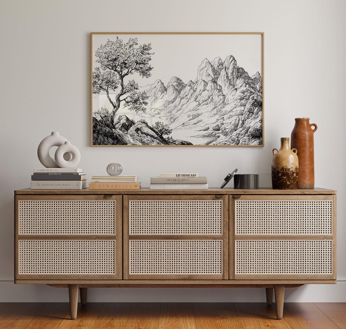 Black And White Mountain Ink Drawing With Pine Tree Art Poster - Image 5