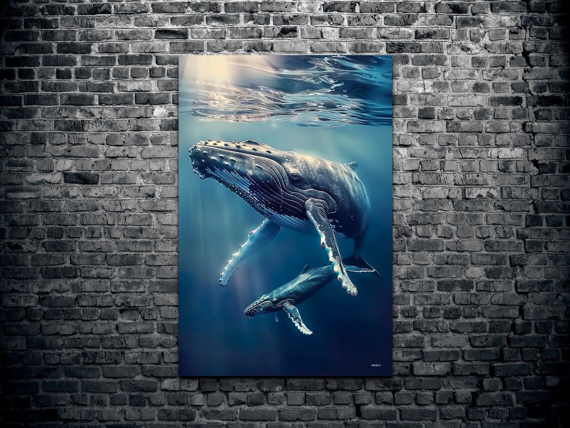 Humpback Whales Swimming Sunlit Underwater Seascape Scene Poster - Image 2