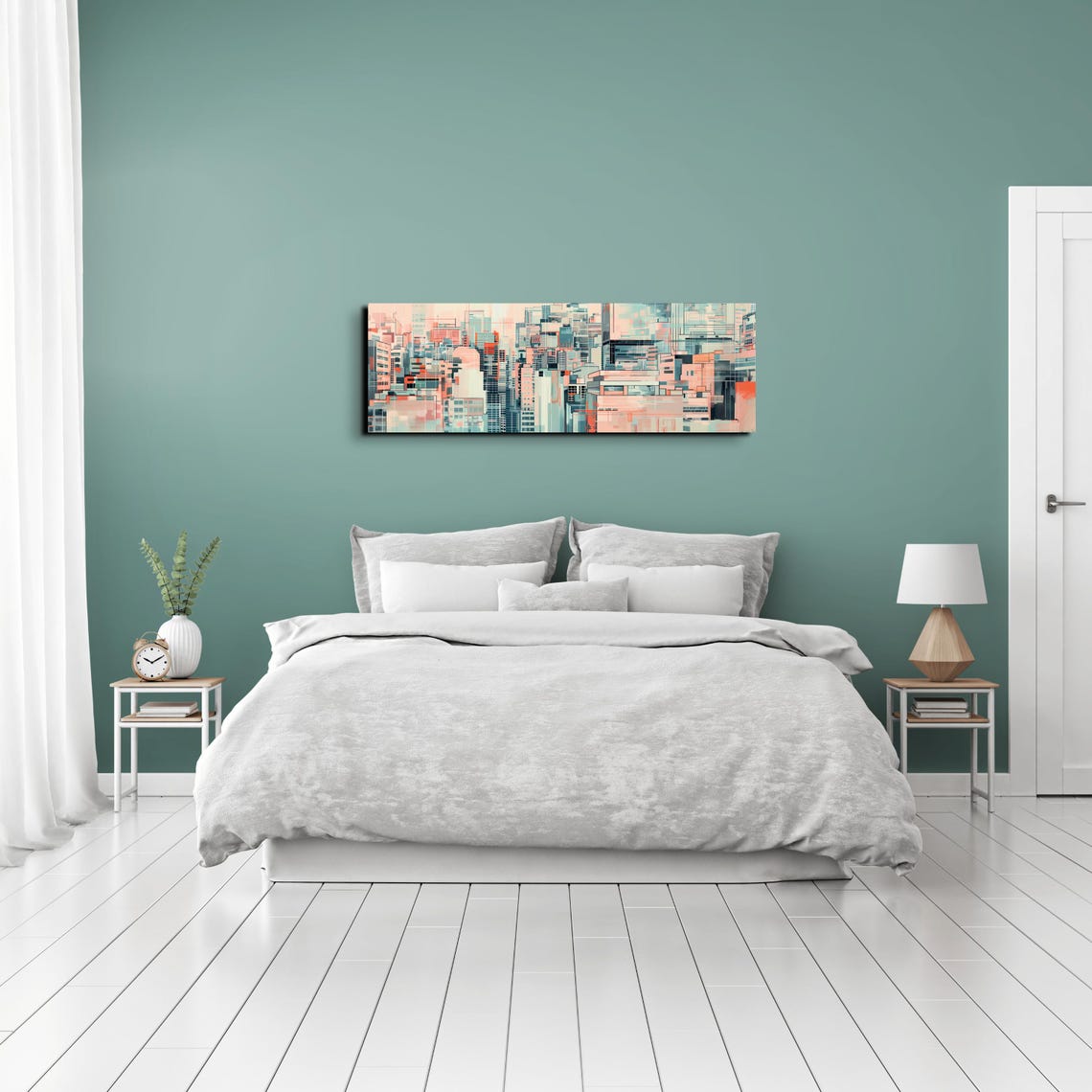 Soft Pink and Mint Abstract Cityscape Geometric Urban Art Poster - Image 7