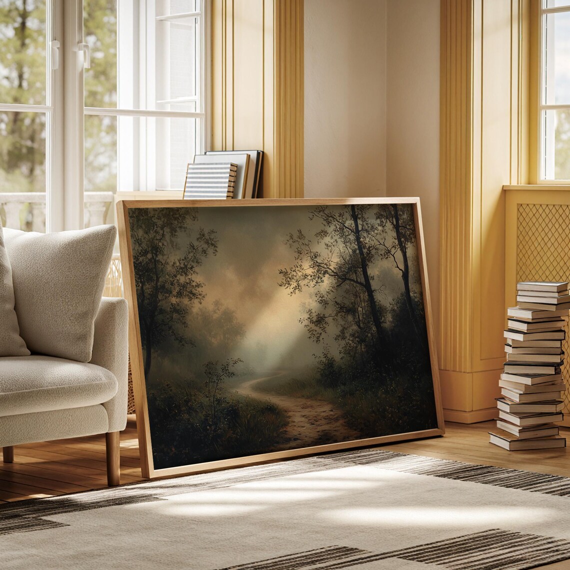 Misty Forest Trail At Sunrise, Rustic Landscape Art Print