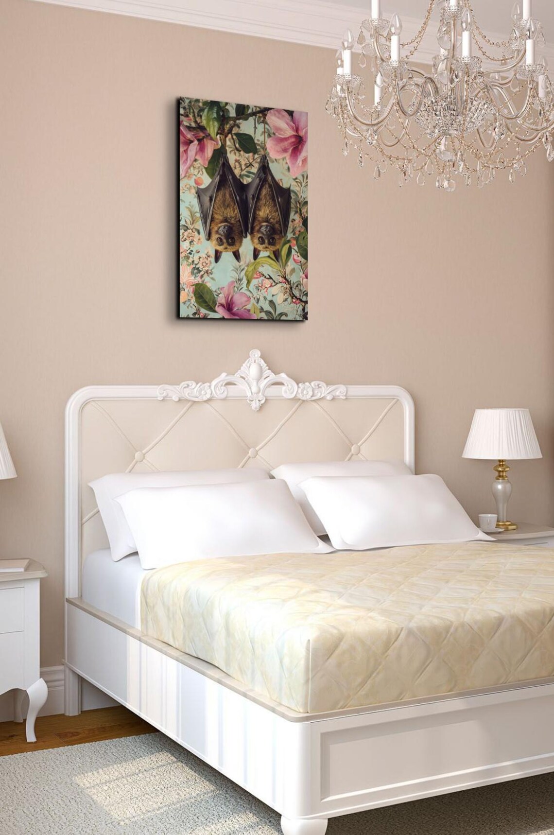 Bat Couple Hanging Upside Down Among Pink Flowers And Green Leaves Poster - Image 7