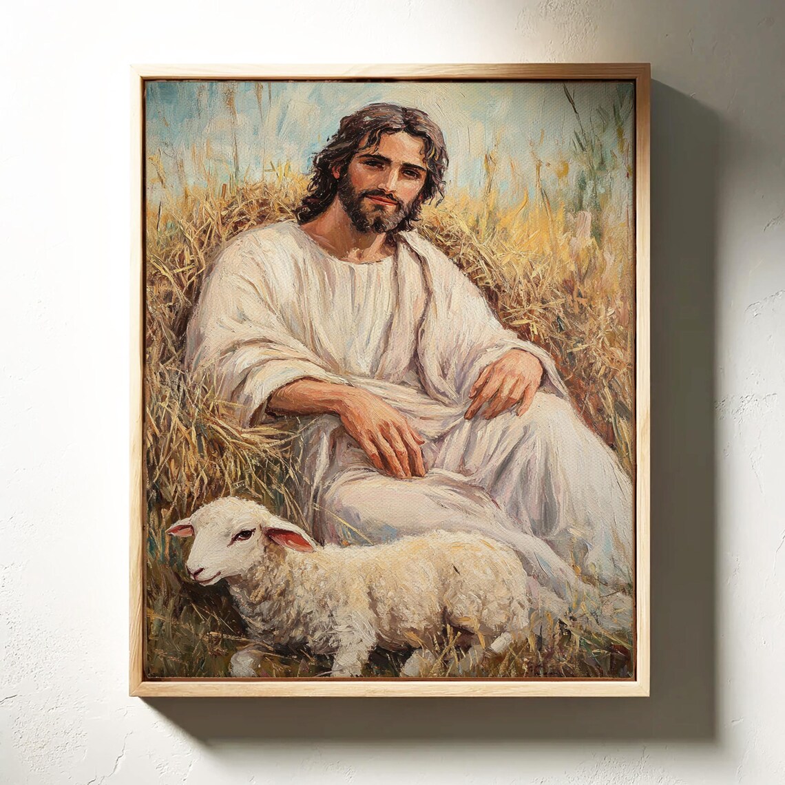 Jesus Seated With a Lamb in a Peaceful Golden Pasture Painting Poster - Image 3